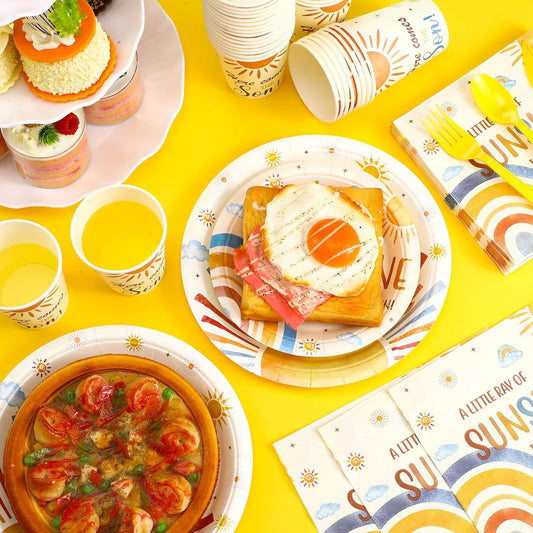 Dandat 350 Pcs Baby Shower Plates Set Baby Shower Party Supplies Serves 50 Tableware Sets Include Plates Napkin Cup Forks Knives Spoons Disposable Dinnerware(Son,Yellow)