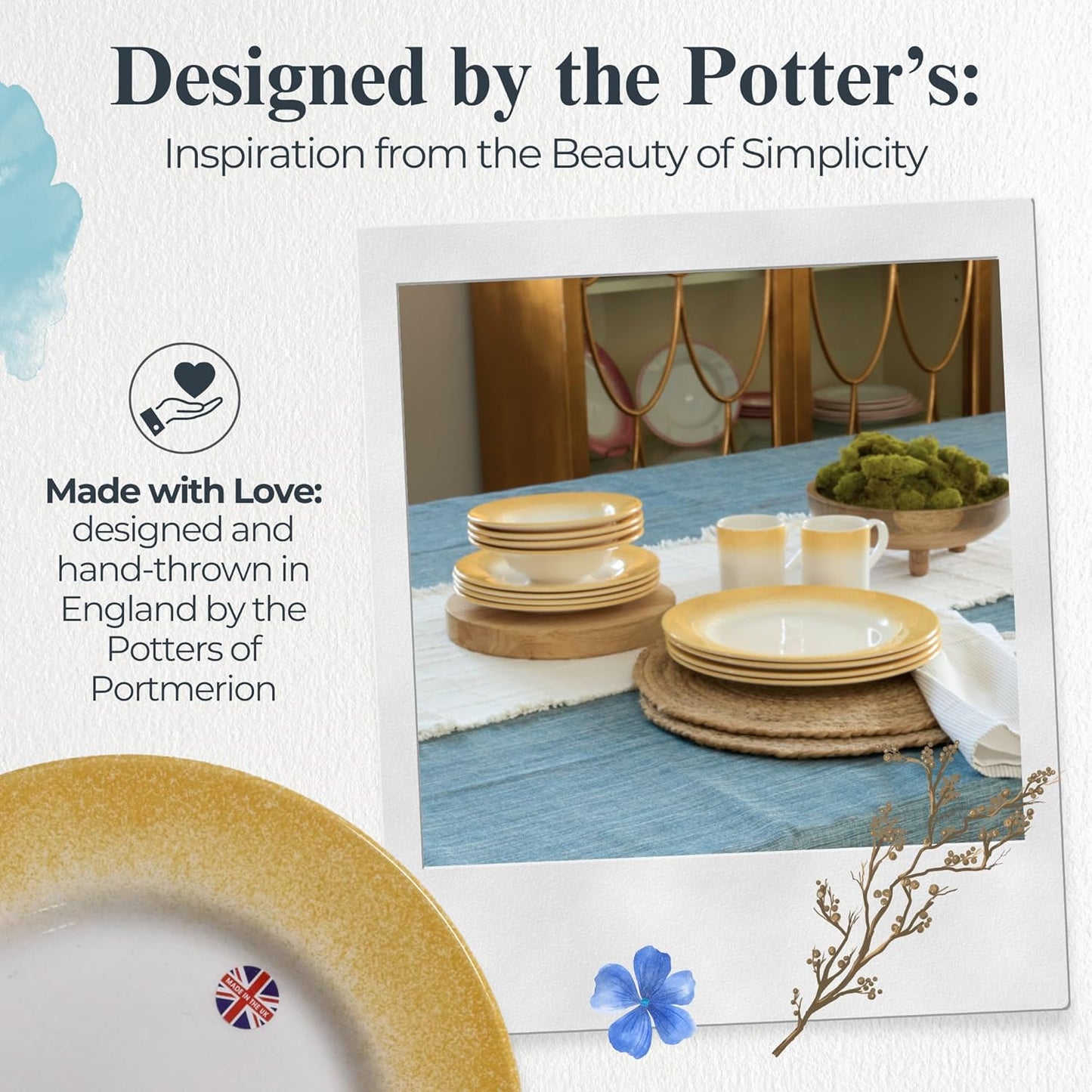 Portmeirion Potter's Mist Dinner Plate (Set of 4) - 8" Earthenware Plates with Classic Mist Rim - Microwave, Dishwasher, Freezer, Oven Safe - Ideal Modern Dinnerware Set (Yellow Mist)