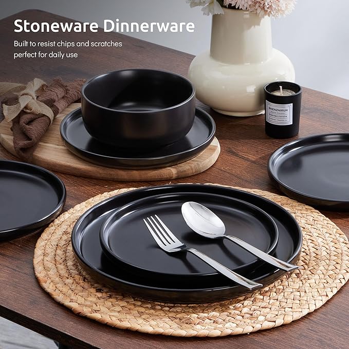 E-far Stoneware Dinnerware Sets for 4, 12-Piece Plates and Bowls Set, Modern Ceramic Dishes Dinning Ware, Microwave & Dishwasher Safe - Matte Black