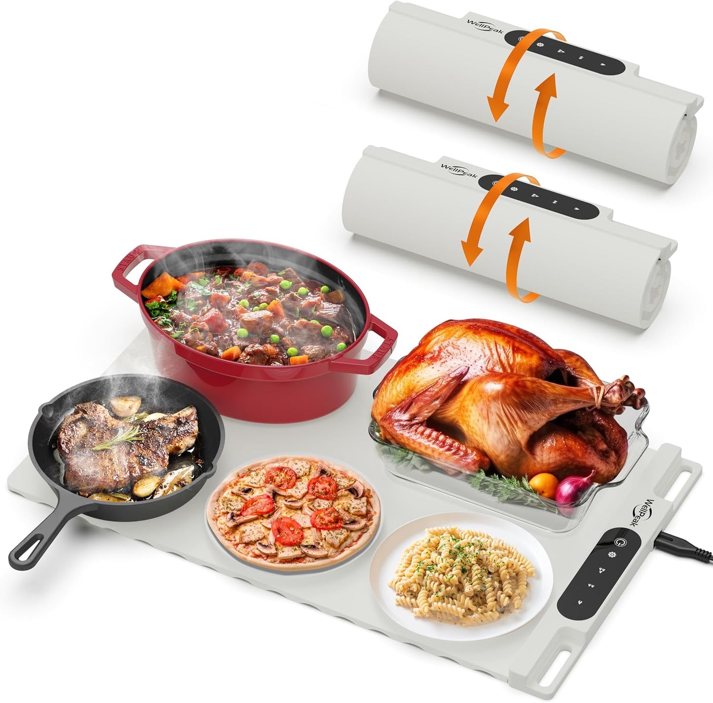 Electric Warming Mat for Food (2-Pack)- Full Surface Fast Heating Silicone Warmer Tray with 3-Level Temperature, Auto-Off, Raised Feet for Table Protection, for Gatherings, Parties, Home Buffet, White