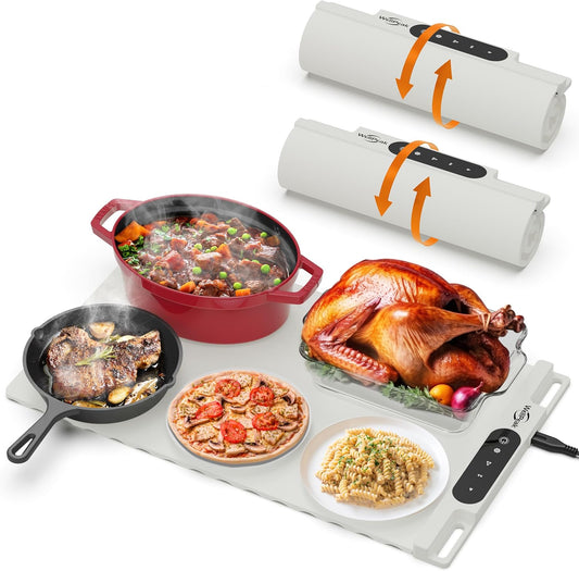 Electric Warming Mat for Food (2-Pack)- Full Surface Fast Heating Silicone Warmer Tray with 3-Level Temperature, Auto-Off, Raised Feet for Table Protection, for Gatherings, Parties, Home Buffet, White