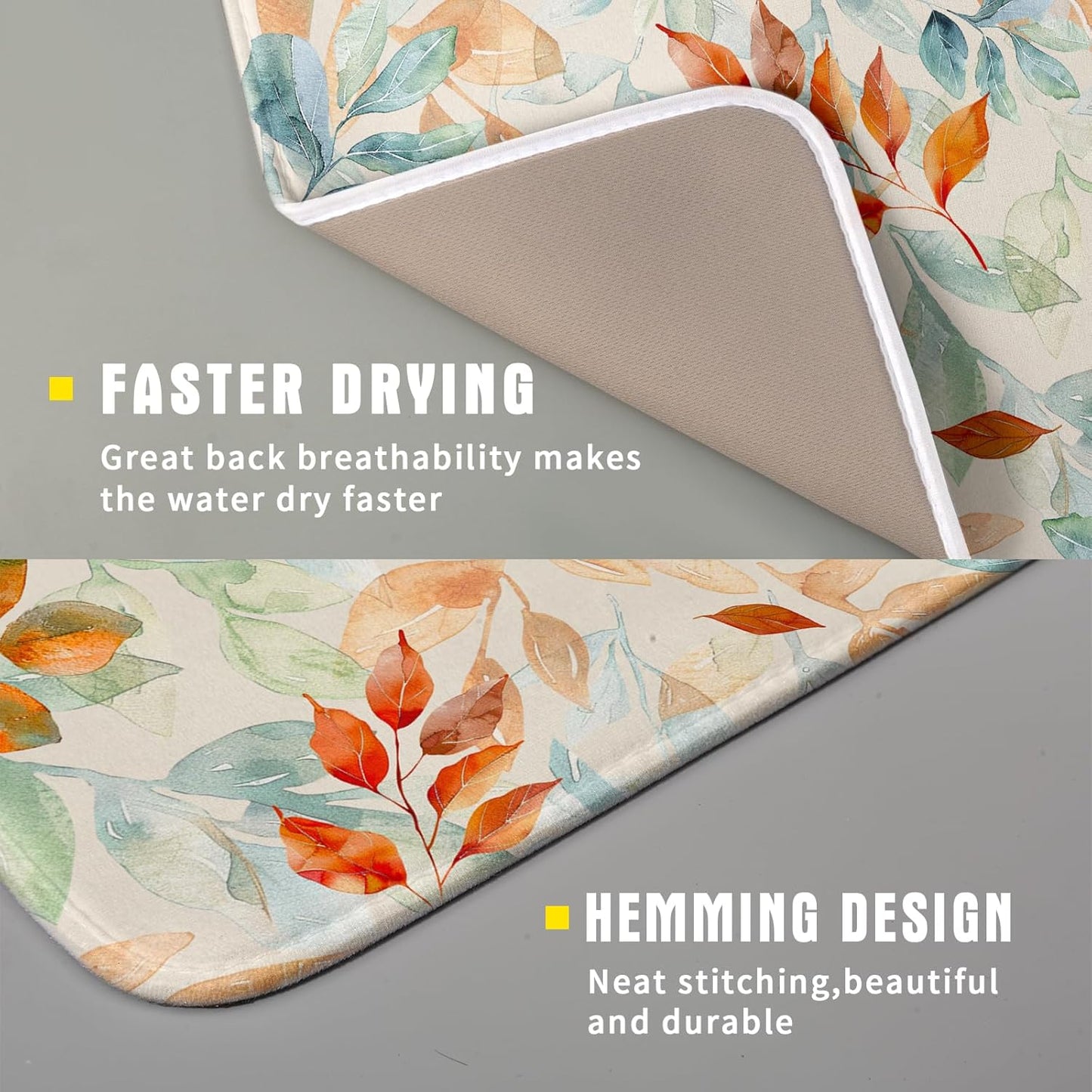 Fall Eucalyptus Dish Drying Mats 16x18 In, Orange Green Gradient Color Plant Leaves Autumn Absorbent Microfiber Fast Dry Dishes Mat Hanging Drainer Pad Kitchen Accessories