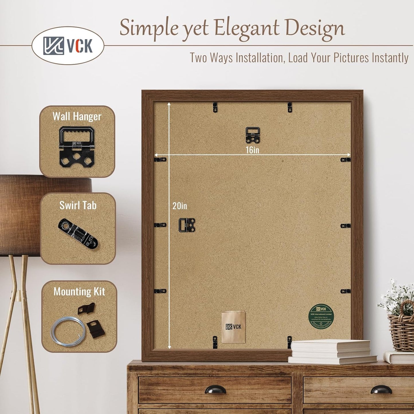 VCK 16x20 Picture Frames for Wall 5 Pack, Brown Wood Poster Frame, Exclusive Wood Grain, Wall Hanging