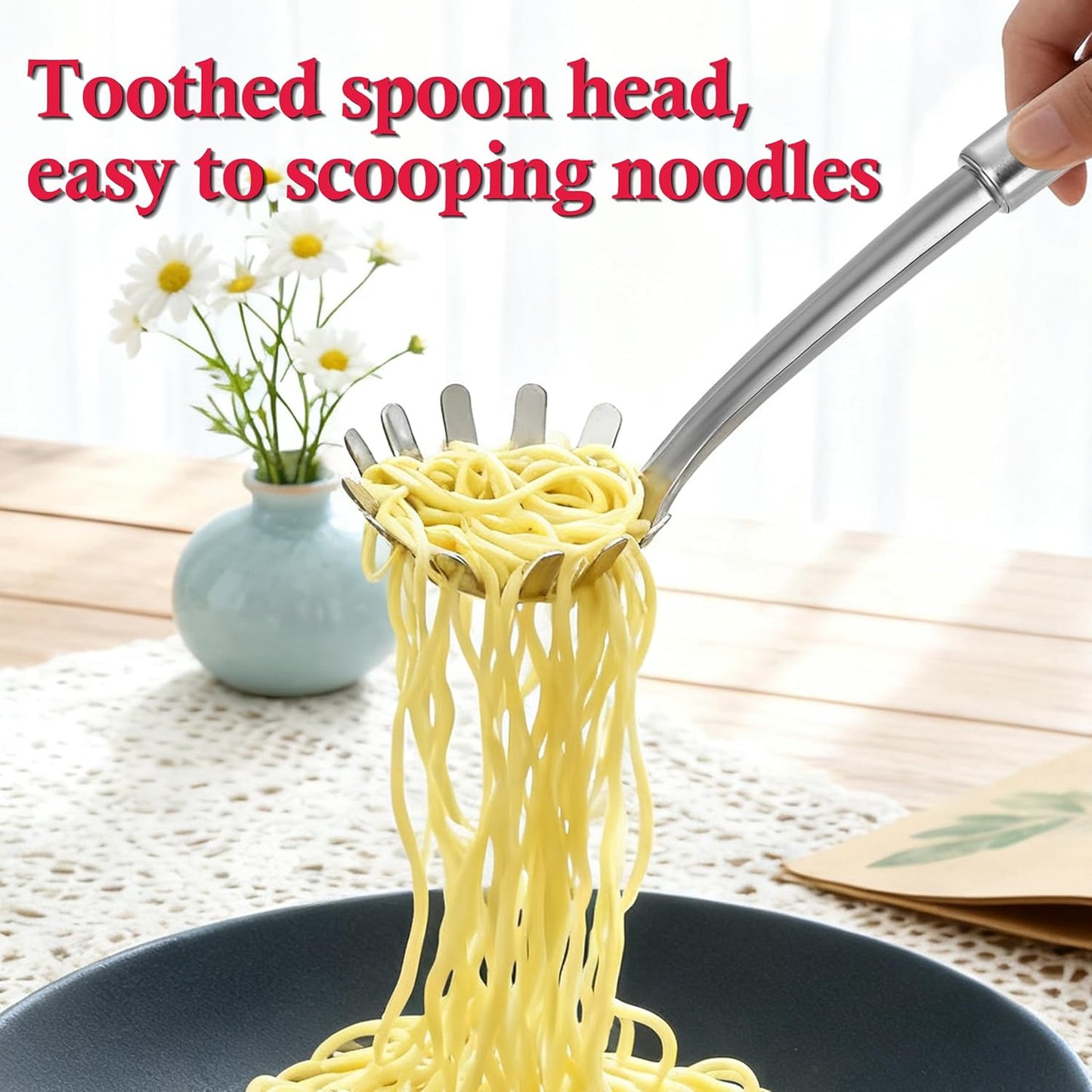 Spaghetti Spoon and Spaghetti Tong - 12 Inch Heat-Proof Handle Spaghetti Fork and Kitchen Tong, Non-stick, Easy Storage and Dishwasher Safe Utensils for Cooking, Ergonomic Design