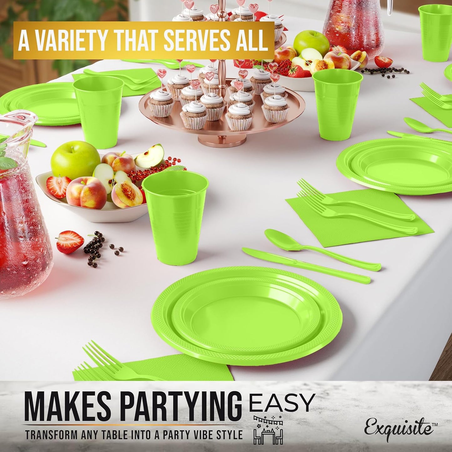 Party Solids 350 Pieces Lime Green Plastic Plates For Party, Lime Green Disposable Plates Set, 50 Of Each 9" Dinner Plate Set, 7" Dessert Plate, Cups, Napkins & Cutlery Plastic Dinnerware