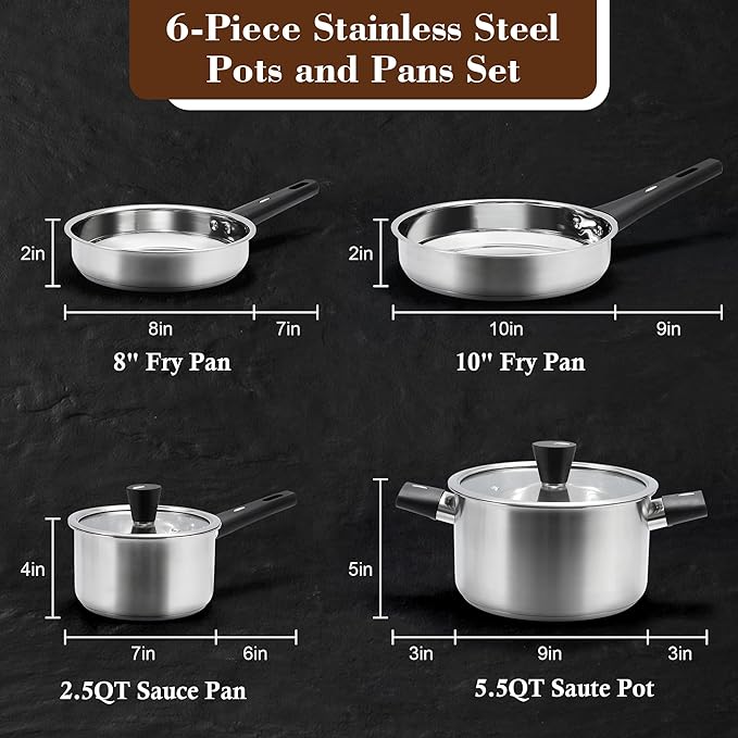 6-Piece Stainless Steel Pots and Pans Set, Kitchen Cookware Set with Stay-Cool Handles Compatible with Gas, Electric & Induction, Dishwasher Safe, Non-Toxic & Durable for Everyday Cooking