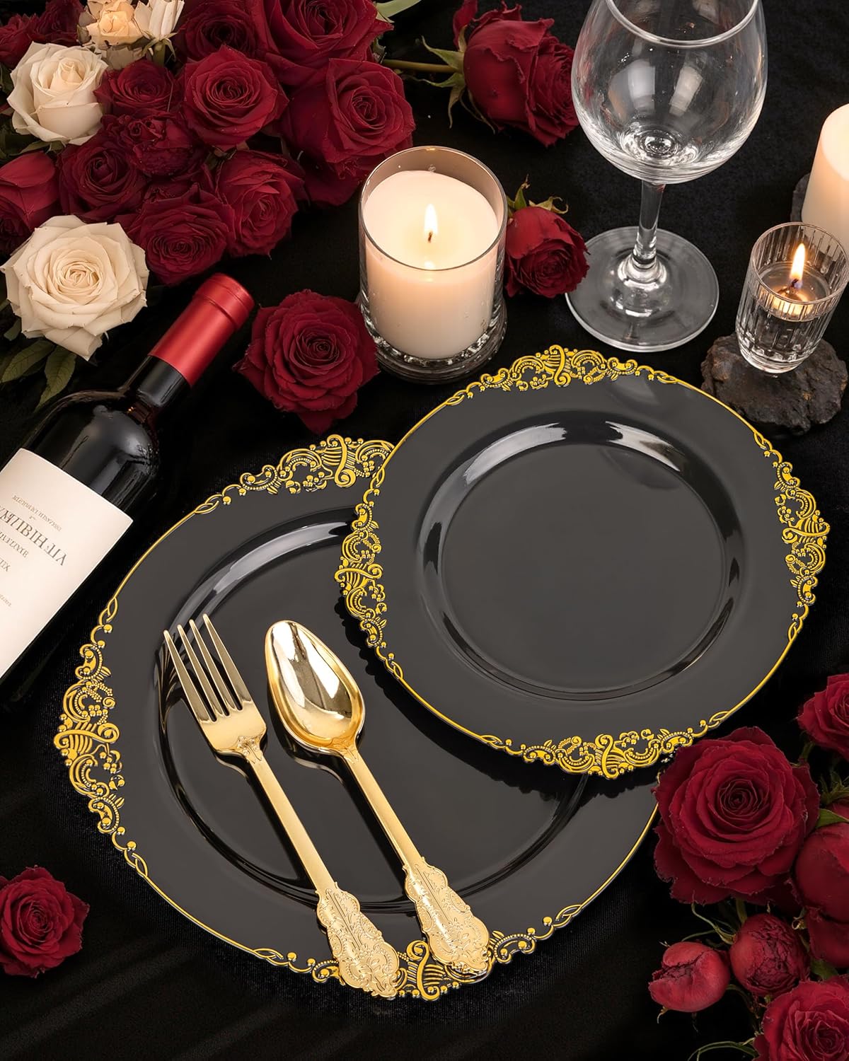 Nervure 350PCS Black Plastic Plates - Black Plastic Dinnerware Sets for 50 Guests - 100 Disposable Plates, 150 Gold Silverware, 50 Cups, 50 Napkins for Wedding & Party & Halloween