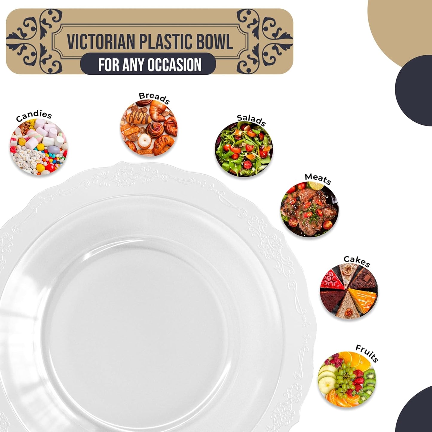 Exquisite Victorian Plastic Bowls Disposable Bowls 60 Pcs 12 oz Bowls | China Like Plastic Bowls for Parties & Weddings Clear Disposable Plastic Bowls