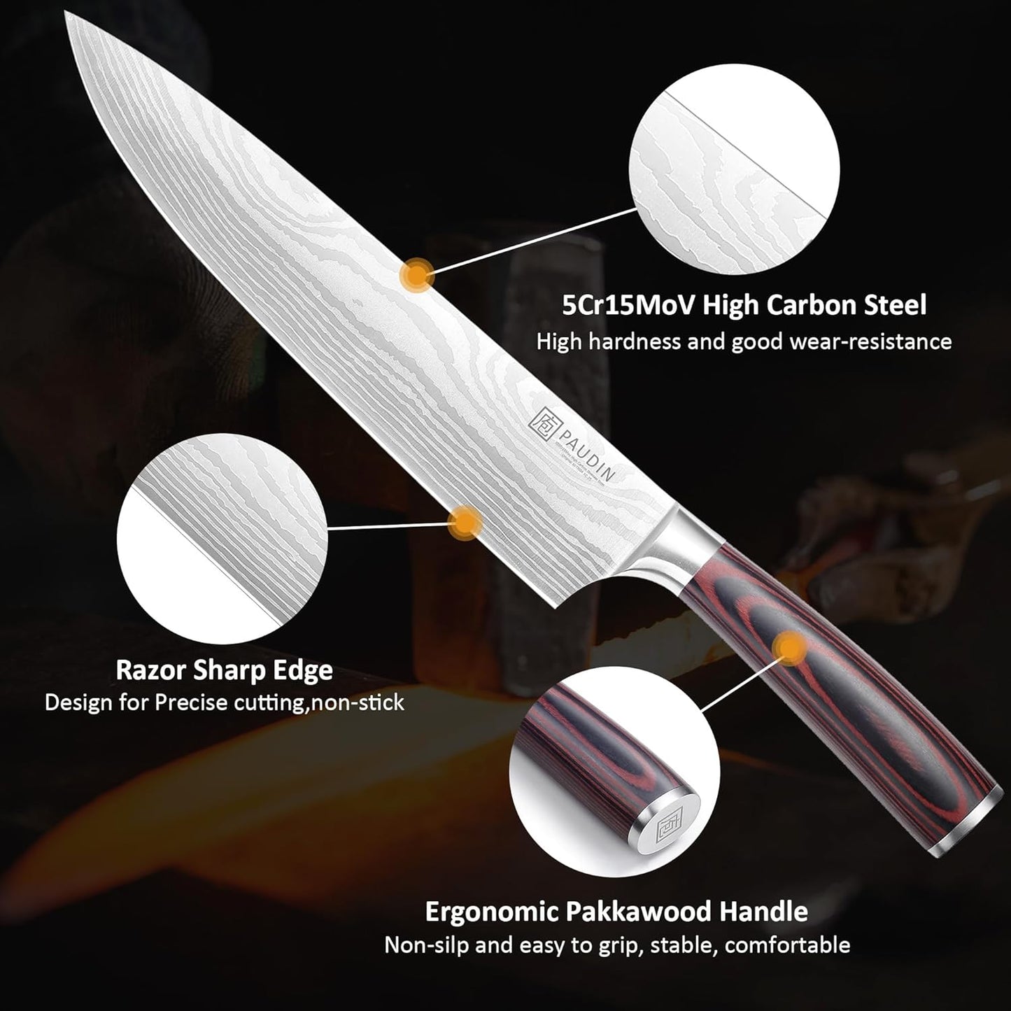 PAUDIN Chef Knife, 10 Inch Meat Knife, Ultra Sharp Brisket Slicing Knives, High Carbon Stainless Steel Kitchen Knife with Ergonomic Handle for BBQ, Roast, Meats and Vegetables