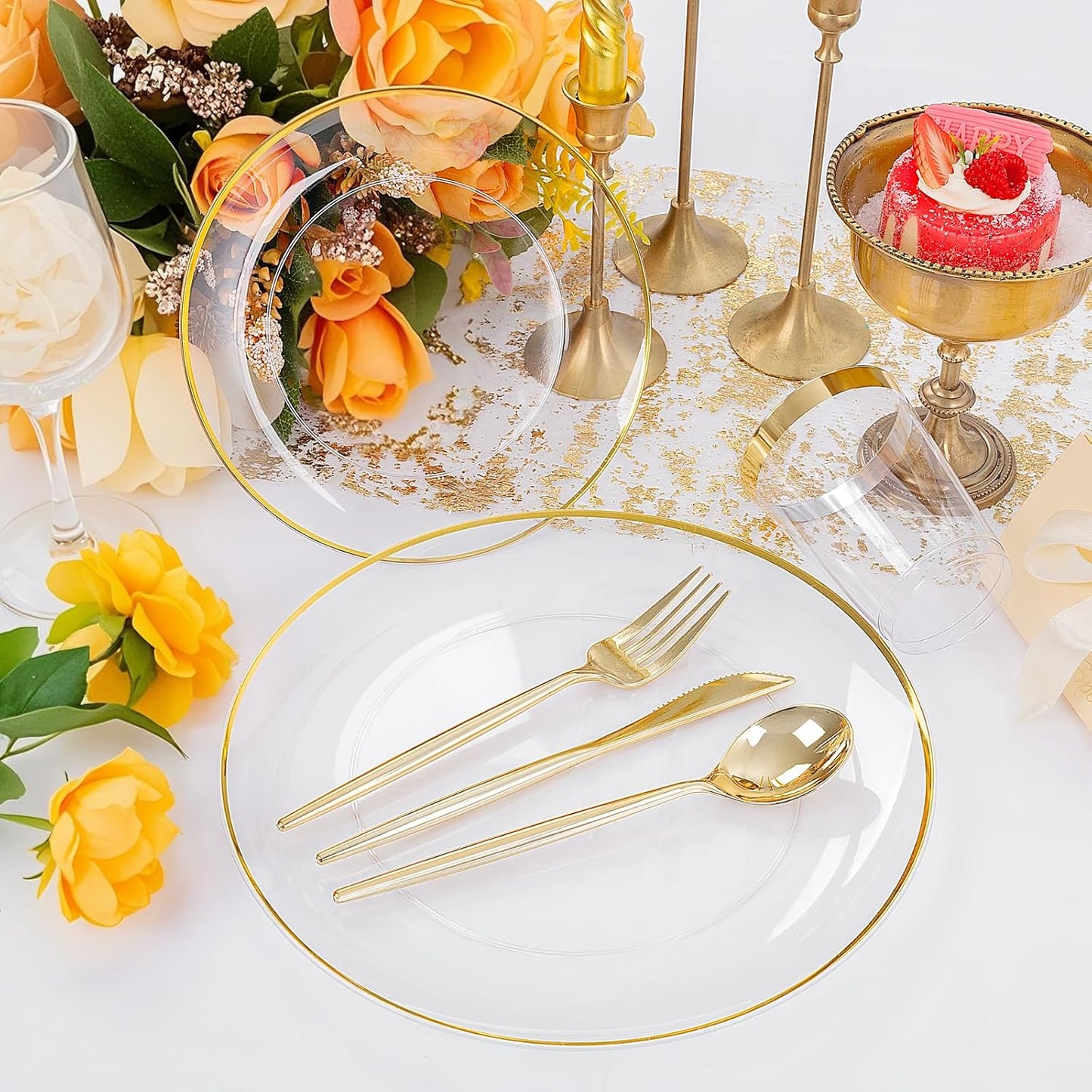 EI 180pcs Gold Plastic Plates,Clear Plates with Gold Trim,Plastic Plate for Party,Clear Dinnerware Set Silverware Cups for Baby Shower,Wedding