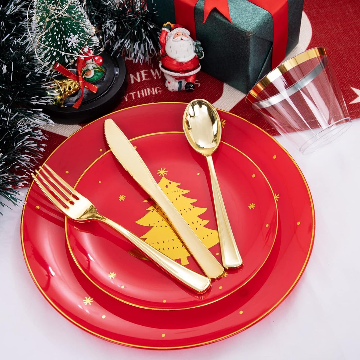 WDF 150pcs Christmas Plates - Christmas Red Plastic Plates with Christmas Tree, Gold Plastic Silverware, Clear Gold Cups, Christmas Design Perfect for Christmas Parties