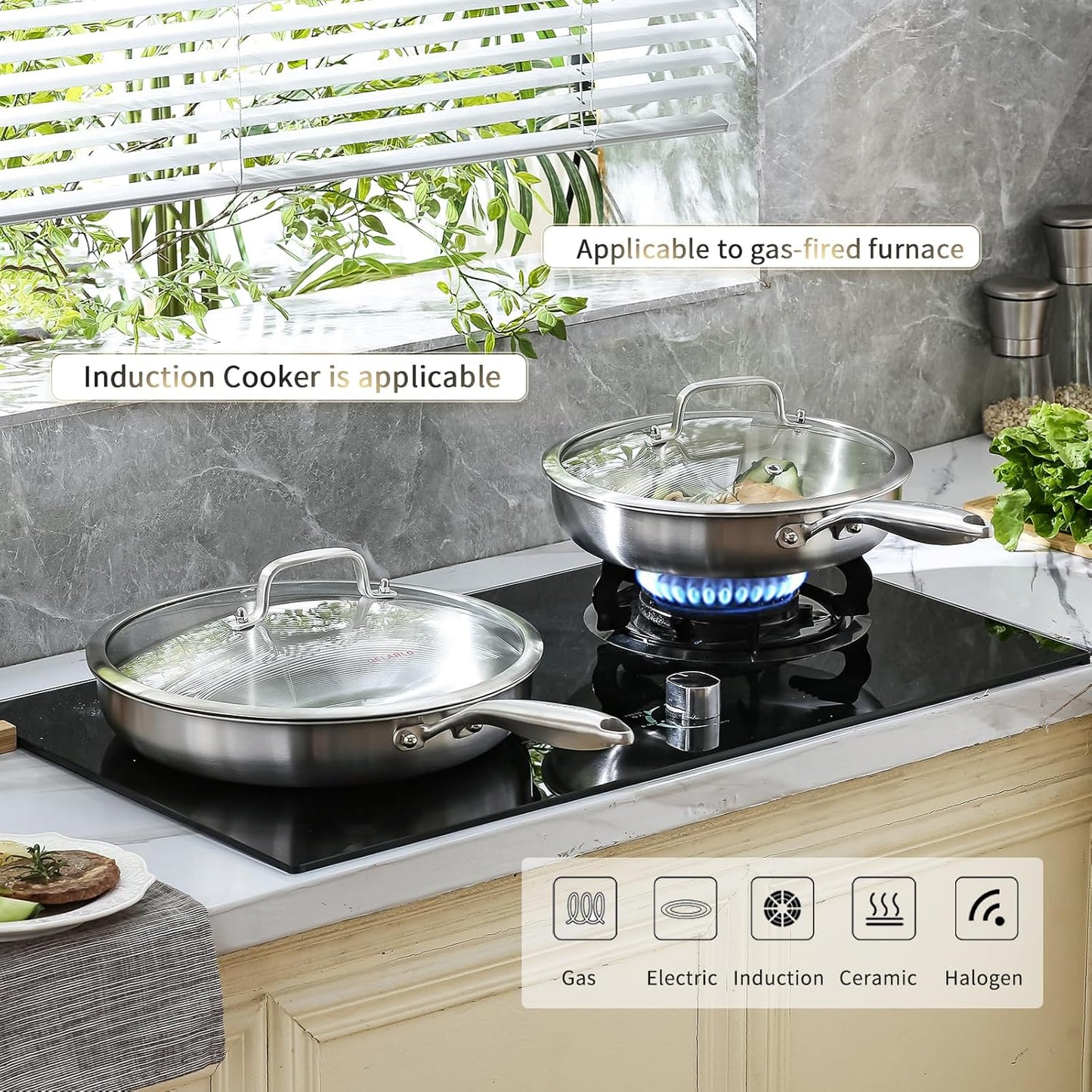 DELARLO Tri-ply Stainless Steel Frying Pan Set with Lid 8"10"12" Induction large Skillets Chef's Pan,Pots and Pans Set Kitchen Cookware Set Suitable for All Stove