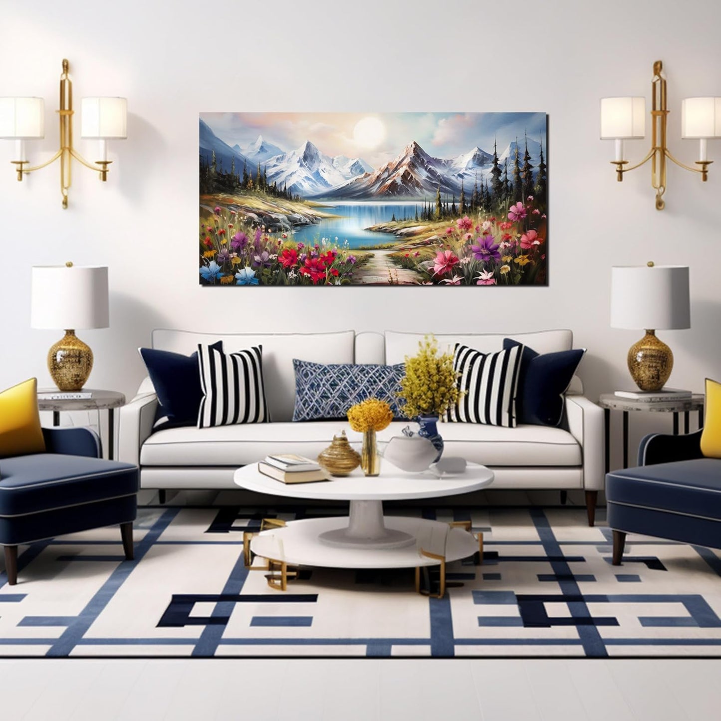 Large Canvas Wall Art for Living Room Farmhouse Decor Pictures Mountain River Landscape Wall Art Decor Prints Countryside Meadow Wildflower Artwork Canvas Painting Wall Decor for Bedroom 24x48 IN