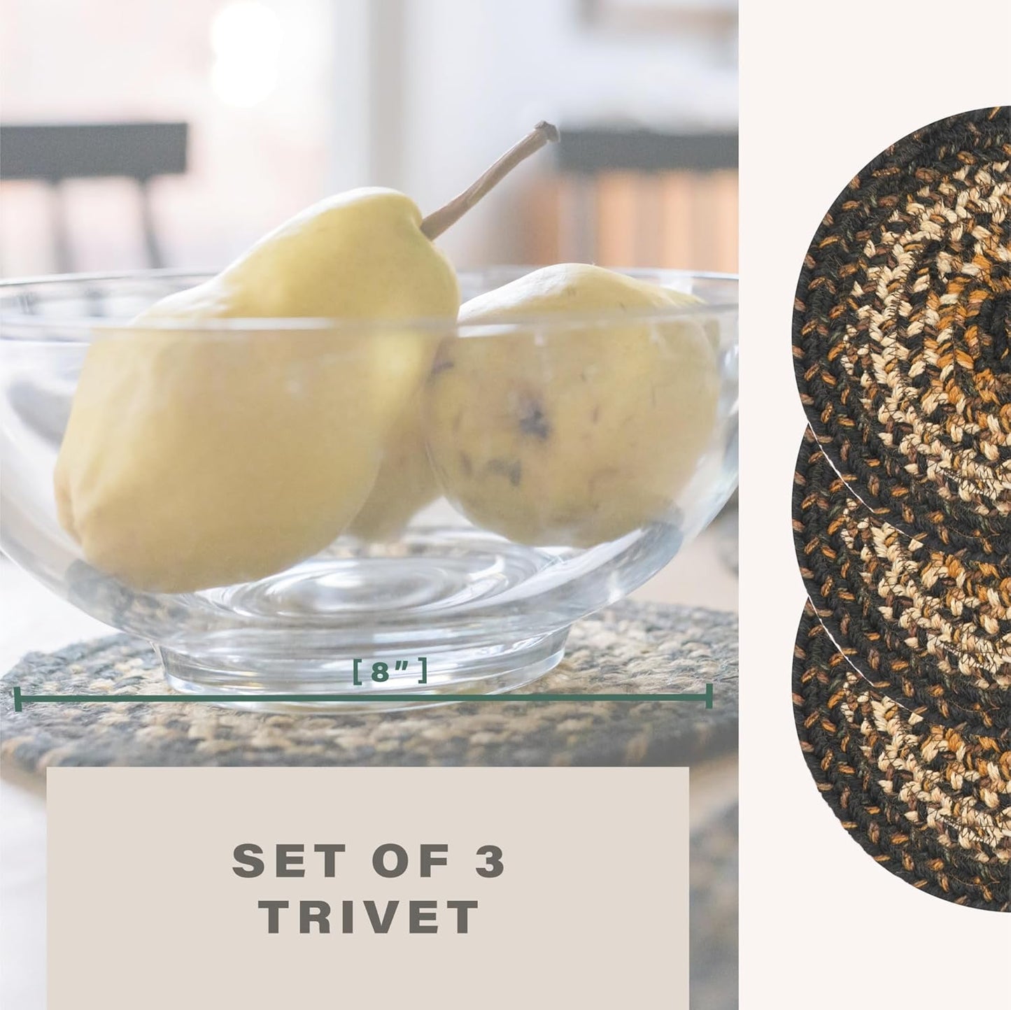 Homespice Kilimanjaro Jute Braided Trivets for Table, Warm Primitive Decor, Set of 3, Black and Tan 8" Round Heat Resistant Mats - Rich Colors, Easy to Clean, Durable and Protects Furniture