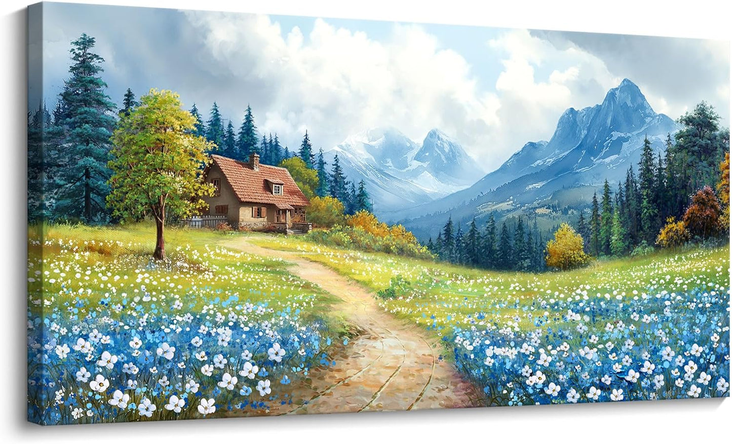 CHATYOUNG Large Mountains Wall Art,Rustic Blue Forest Wild Flowers Path Landscape Wall Paintings for Living Room Bedroom kitchen Home Decor Gifts for Women 29"X58"