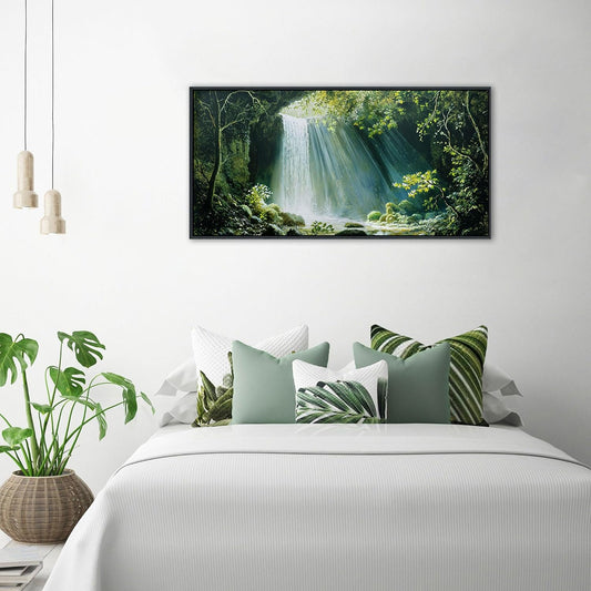 QZQCBLC Green Forest Wall Art, White Waterfall Nature Canvas Pictures Modern Valley Stone River Landscape Paintings Artwork for Living room Bedroom kitchen Home Office Decor 20x40 IN