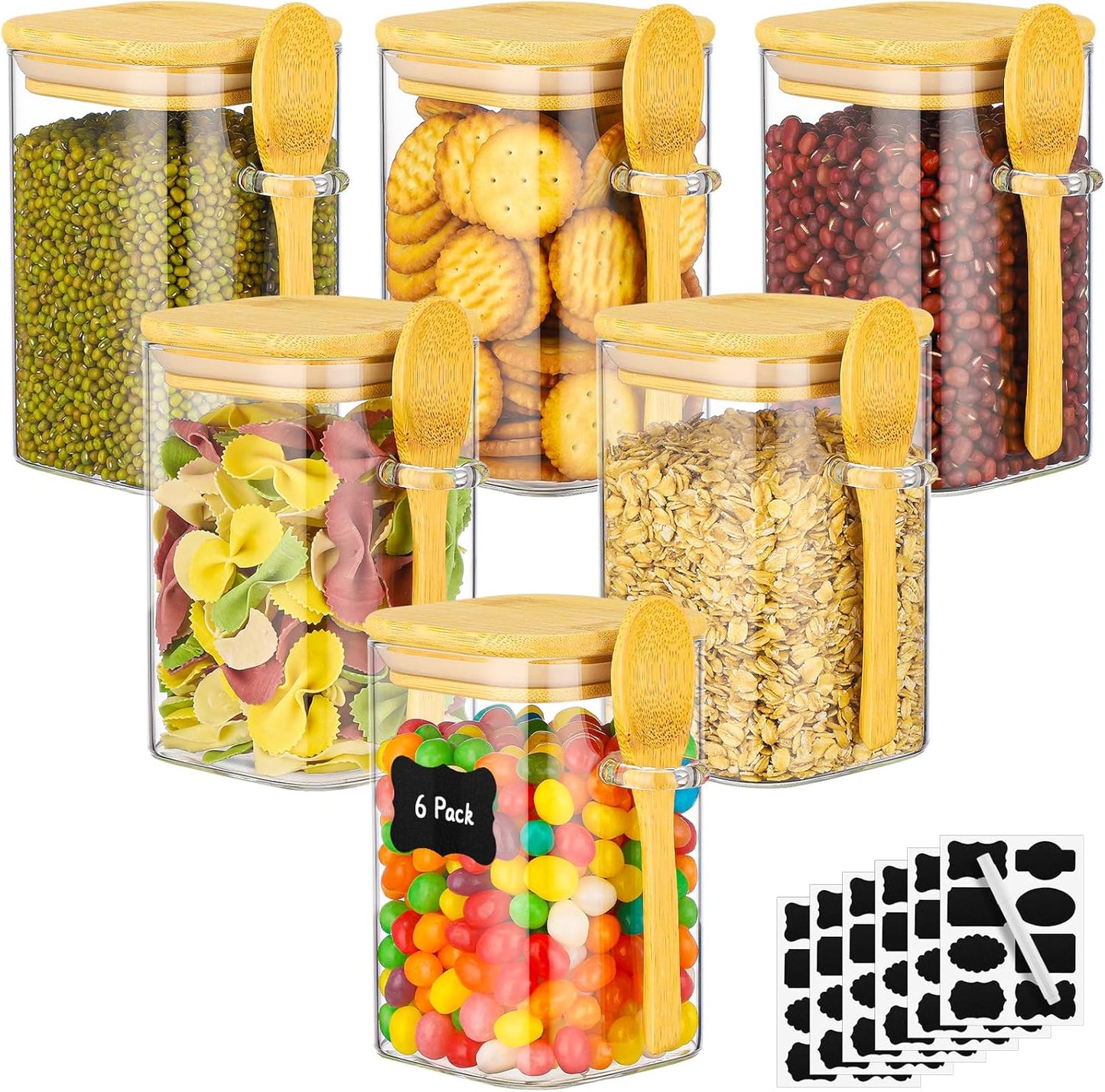 Glass Jars with Bamboo Lids and Spoons - 6 Pack 18 Fl.oz Square Glass Containers Set, Includes Labels and Marker, Clear Pantry Storage Container for Sugar, Coffee Bean, Flour, Tea, Cookies, Nuts