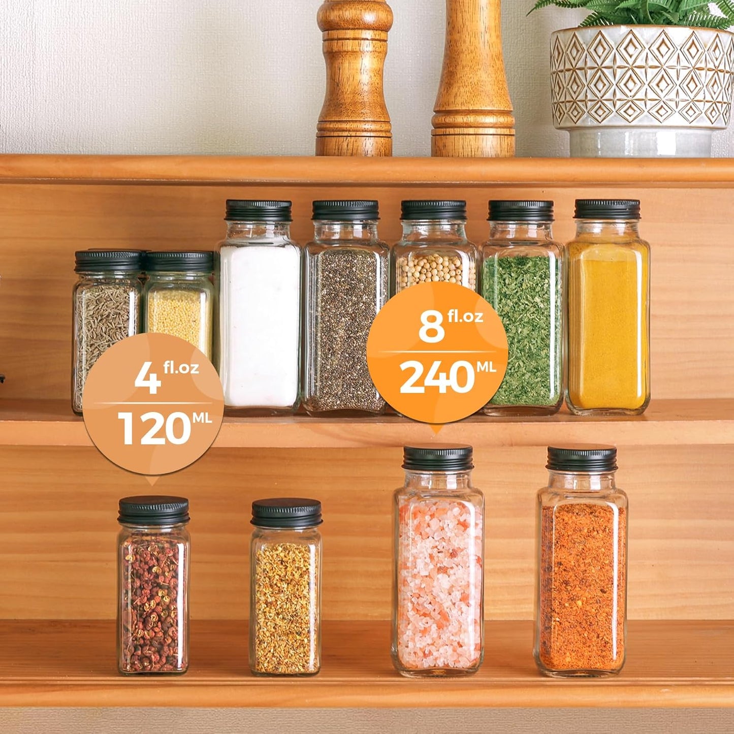 ComSaf Large Spice Jars, 6Pcs 8 oz glass spice bottle with lids, Empty Spice Containers and Square Spice Bottles, Trial Set & Supplement Set for Kitchen and Seasoning