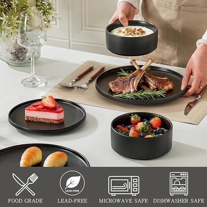 6 Piece Ceramic Dinnerware Set for 2, Modern Minimalist Stoneware Dinner Plates and Bowls, Microwave Safe, Dishwasher Safe, Versatile for All Seasons, Matte Black