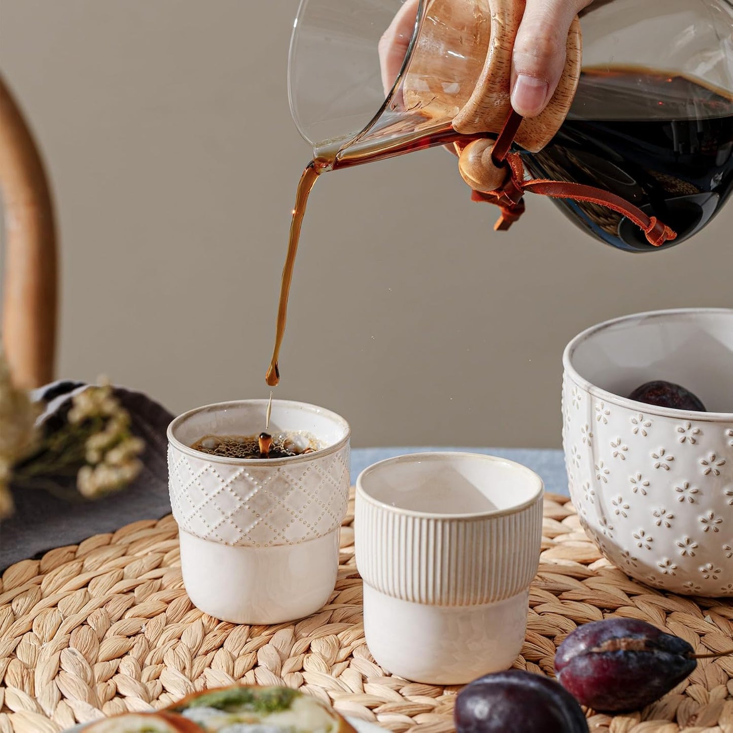 Espresso Cups Set of 2, 4oz Espresso Shot Cups, Mini Coffee Mugs Farmhouse Decor, Demitasse Cup Perfect for Coffee Maker, Microwave and Dishwasher Safe, (Embossed Stripes+Checks