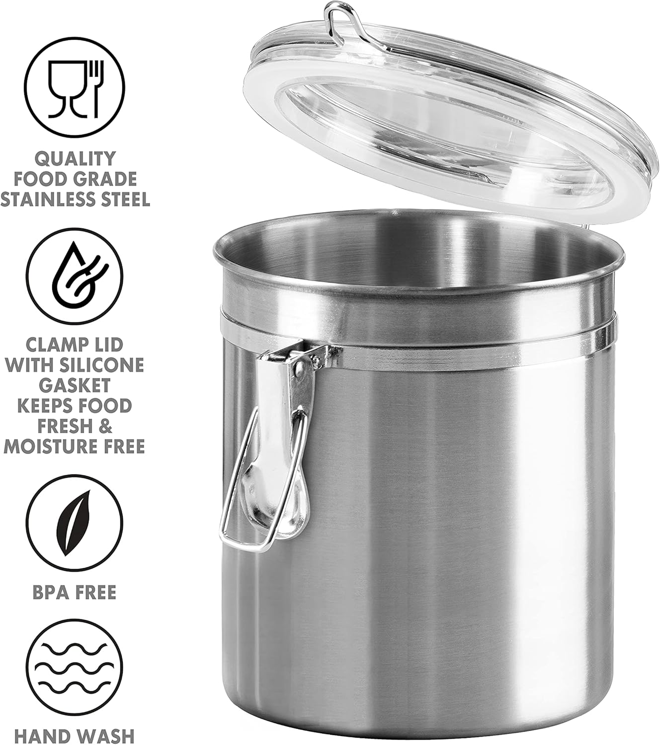 Oggi Set of 4 Stainless Steel Kitchen Canisters - Airtight Clamp Lid, Clear See-Thru Top - Ideal for Kitchen Storage, Food Storage, Pantry Storage - Includes 1 each: 26oz, 36oz, 47oz, 62oz.