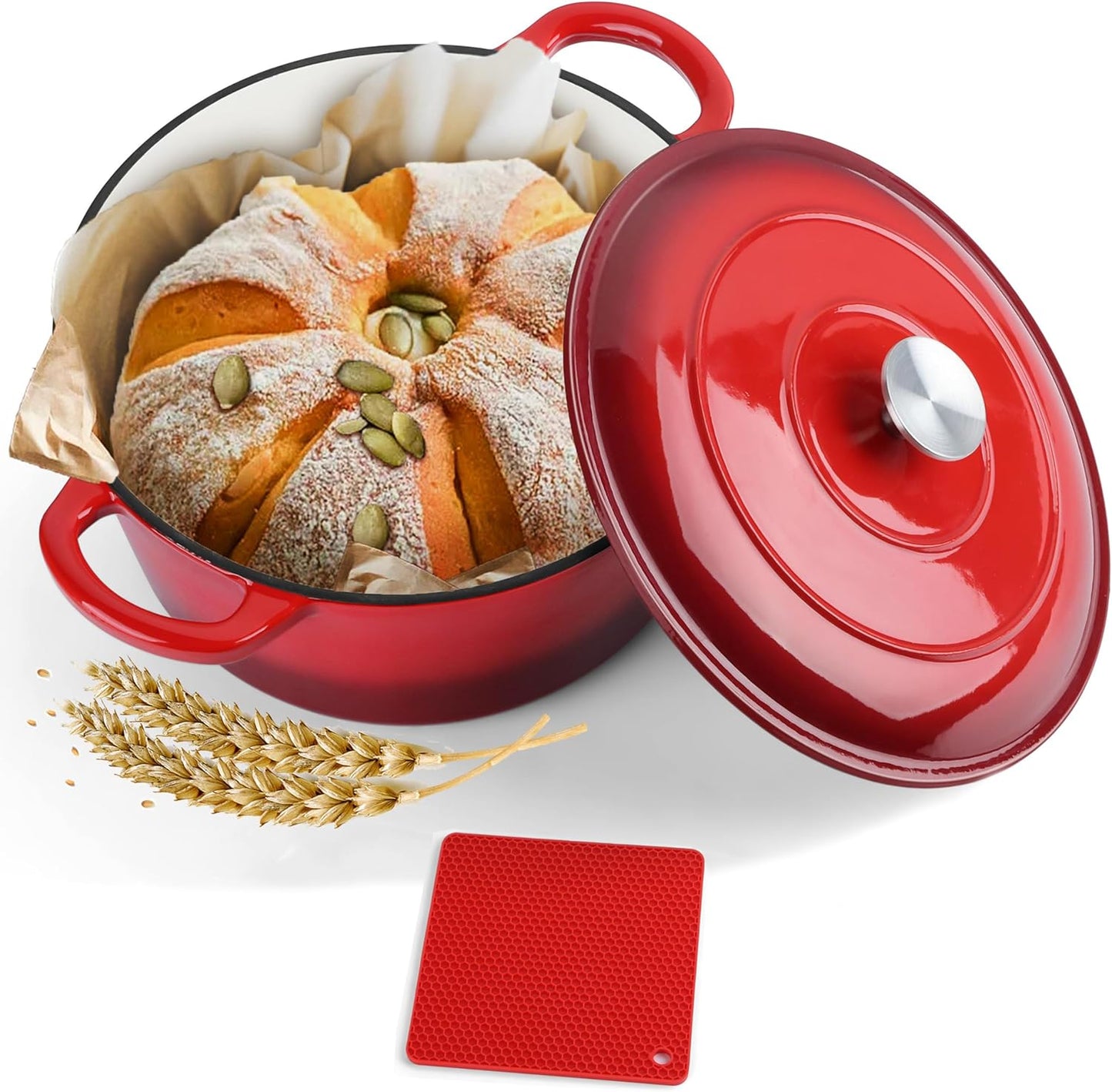 Herogo 6QT Enameled Cast Iron Dutch Oven & Silicone Trivet Mat, Round Dutch Oven Pot with Lid Dual Handles for Bread Baking Stewing Roasting, Safe for Various Stovetops, Nonstick & Easy Cleanup-Red