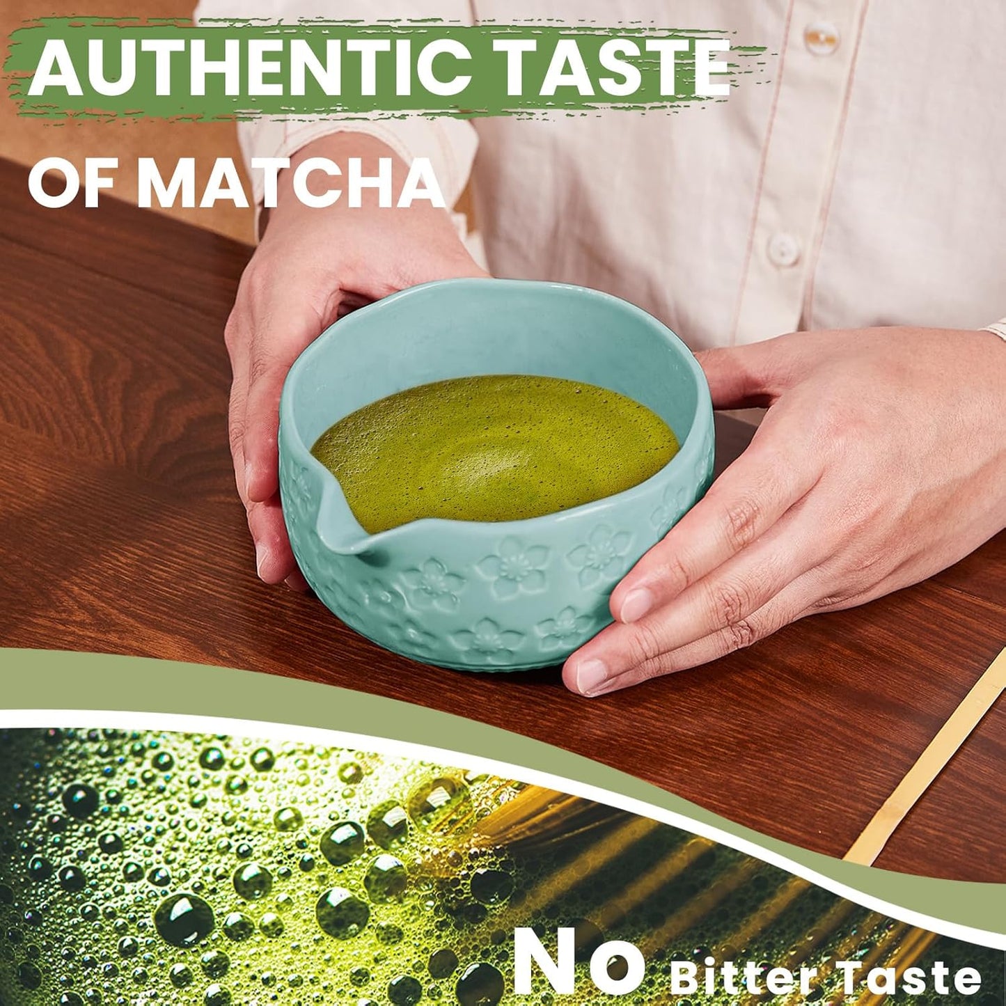 Matcha Whisk Set, Sakura Blue Ceramic Matcha Set Includes Matcha Bowl, Matcha Whisk (Chasen) and Holder, Sifter, Bamboo Scoop & Spoon - 6 Pcs Matcha Kit for Matcha Lovers