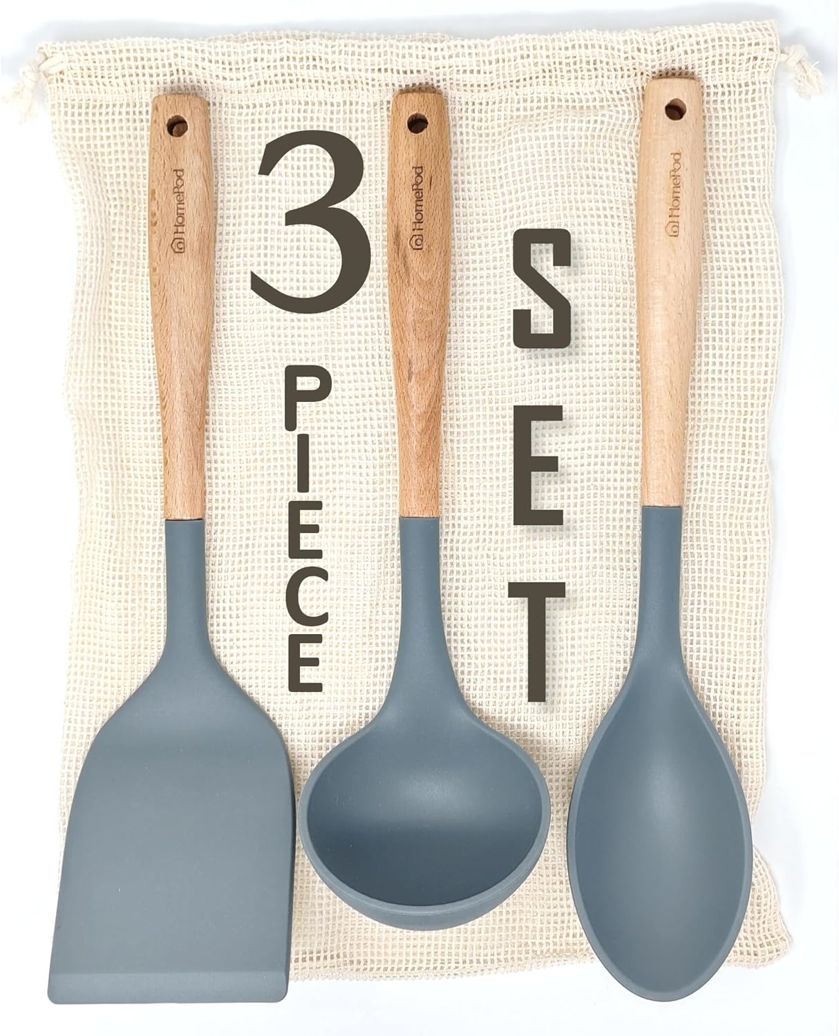 Pack of 3 Silicone Spatula Set 15 inches Large Heat Resistant 600F Flipper Cooking Fish Baking Egg Pancake Won't Scratch Kitchen Cookware, Turner Rubber Spatulas Ladle Spoon Skimmer Espatula (Gray)