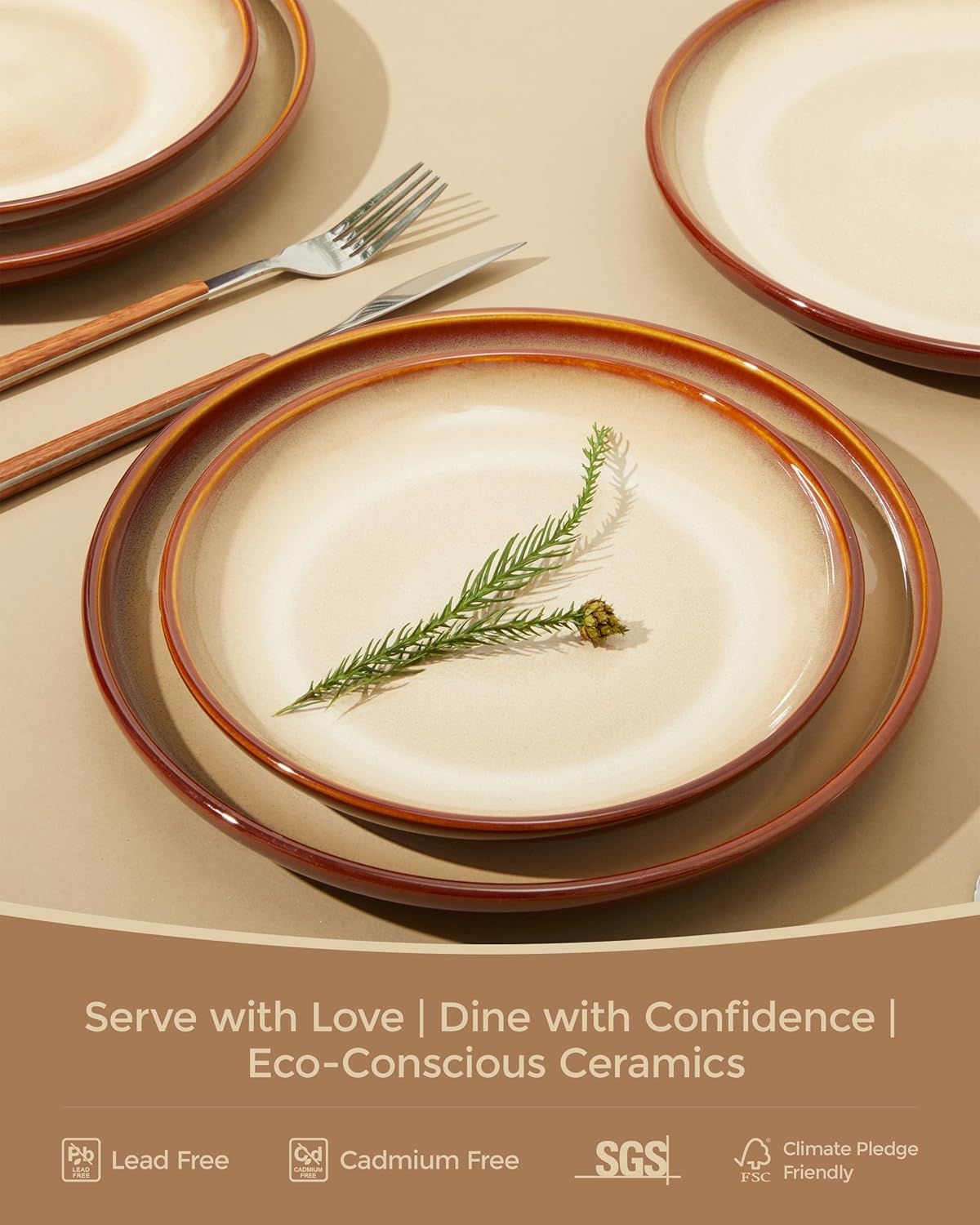 24 Piece Dinnerware Sets for 8, Modern Stoneware Plates and Bowls Sets, Perfect for Family Gatherings & Holiday Celebrations, Easy Cleaning Dish Set, Stack Compactly Dinner Set, Brown Yellow