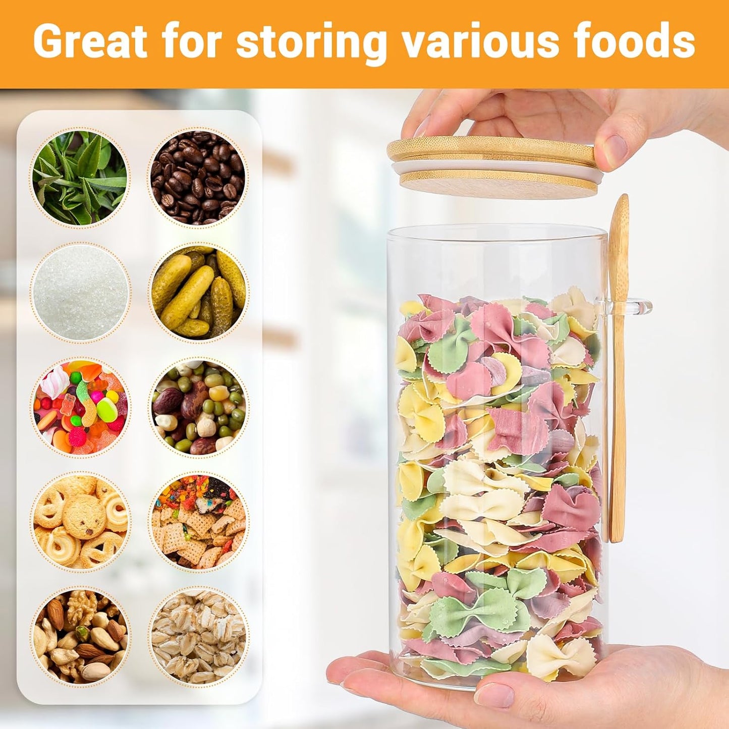 Glass Jars with Bamboo Lids and Spoon - 2 Pack 44 Fl.oz Round Pasta Storage Containers with Airtight Lid, Includes Labels, Marker and Brush, Large Kitchen Pantry Canisters for Rice, Noodles