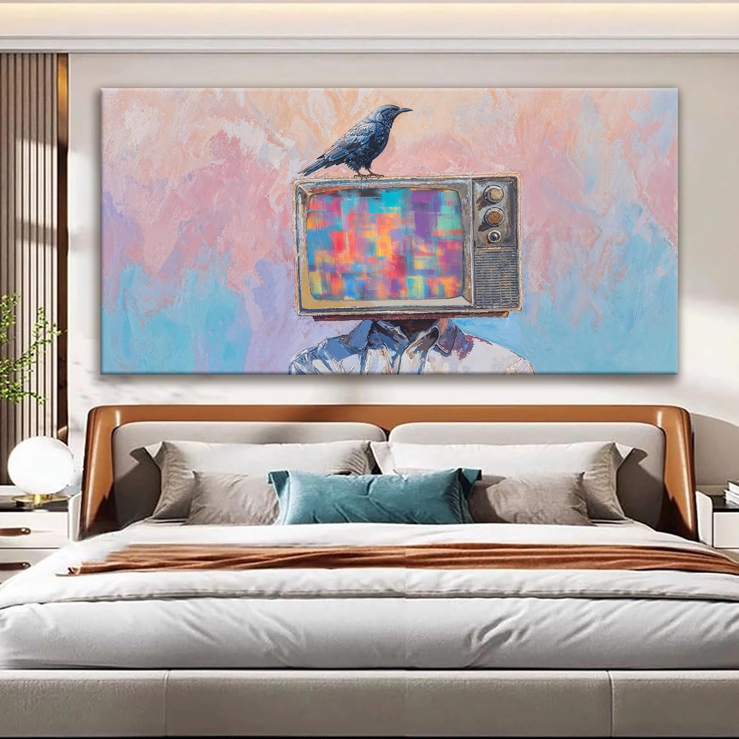 Large Wall Art For Living Room Decor Abstract Crow And Tv Head Art Prints Ready To Hang Room Wall Decor Canvas Wall Art For Office Bedroom Kitchen 29x58 Inch