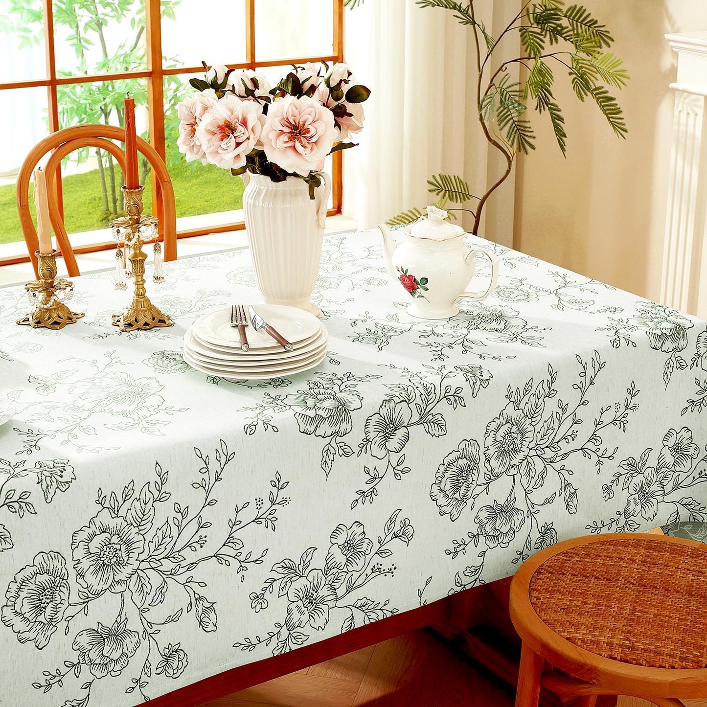 Chassic Premium Vintage Farmhouse Damask Floral 60 x 104 inch Rectangle Table Cloth – Water Resistant Linen Textured Jacquard Tablecloth for Kitchen Dining & Picnic Decor - Green