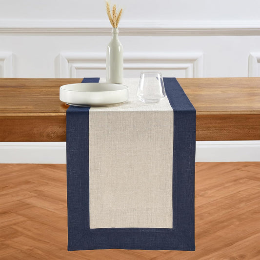 Solino Home Linen Table Runner 108 Inches Long - Navy and Natural 100% Pure Linen 14 x 108 Inch Table Runner for Dining, Fall, Autumn, Thanksgiving - Contempo