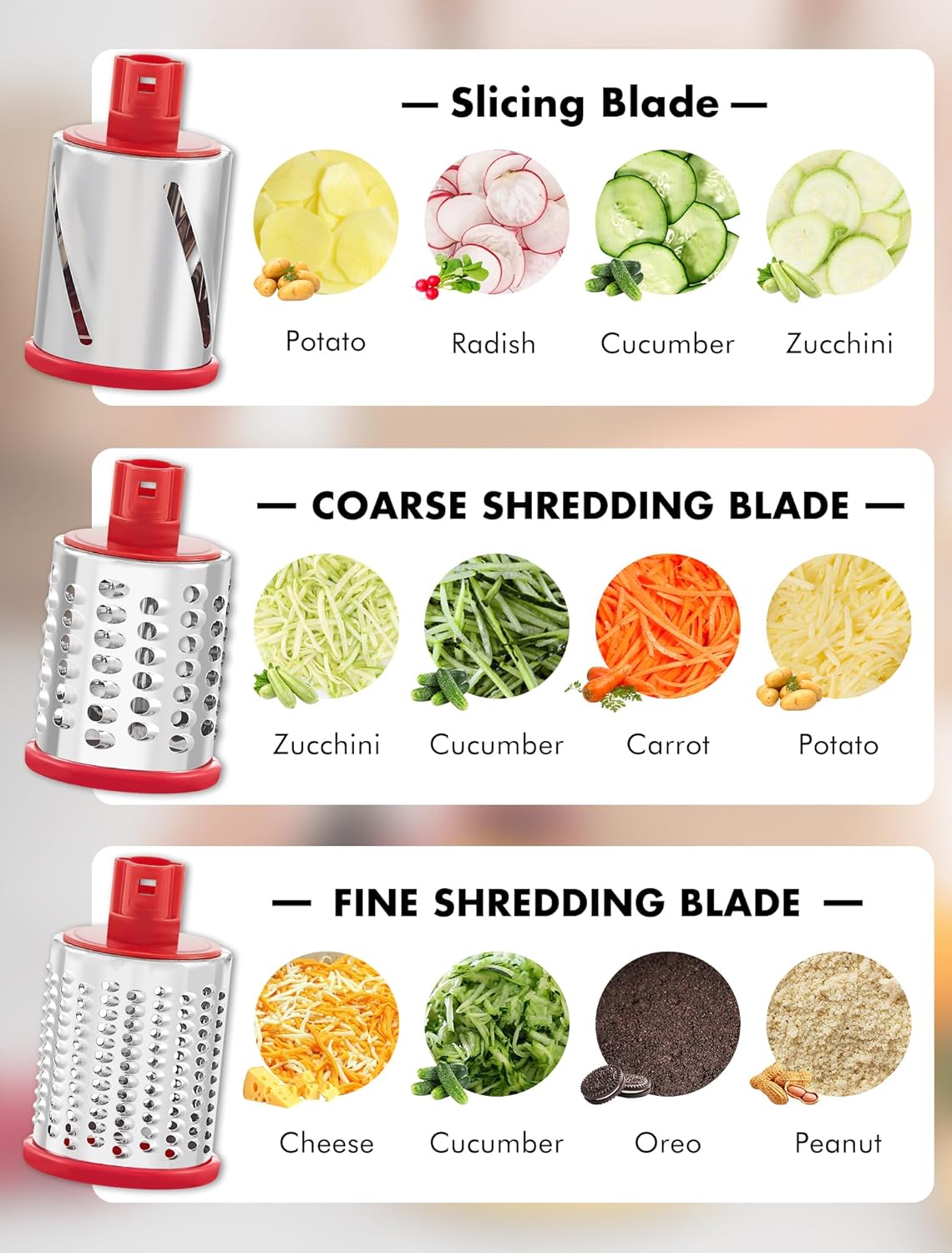 GDL Rotary Cheese Grater, Upgraded 5-in-1 Cheese Grater Hand Crank, Multi-purpose Cheese Shredder with Handle, Vegetable Slicer Cutter Ice Shaver for Potato, Carrot, Nuts, Chocolate