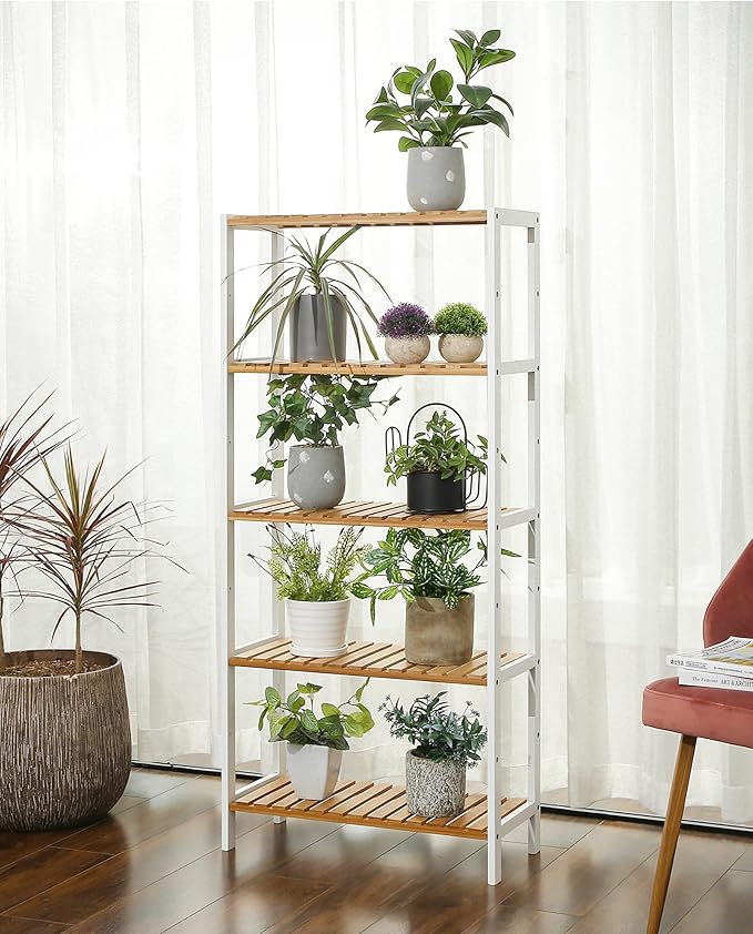 SONGMICS Bamboo Storage Shelf, 5-Tier Shelving Unit, Multifunctional, in The Entryway, Bathroom, Living Room, Balcony, Kitchen, 10.2 x 23.6 x 51.2 Inches, Cloud White and Light Bamboo UBCB35WN