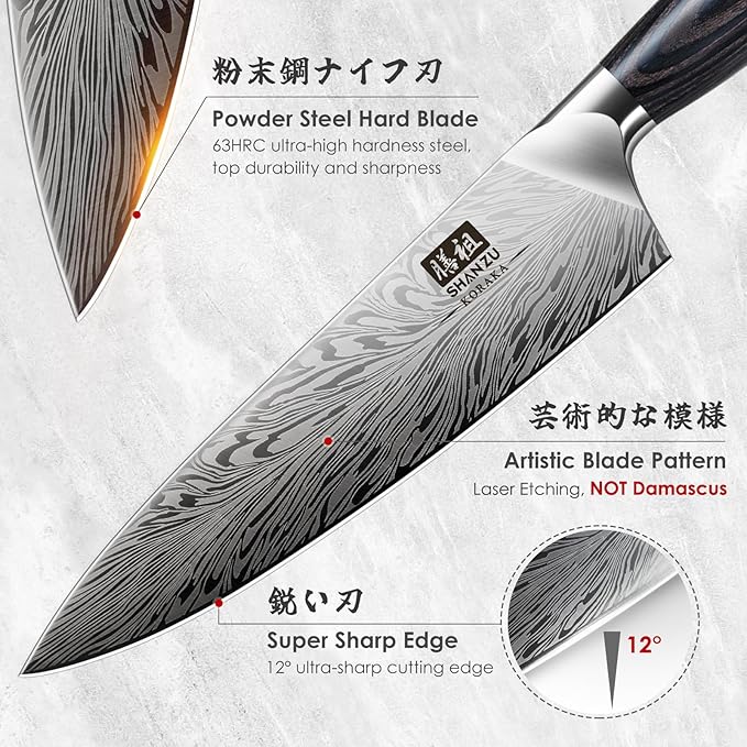SHAN ZU Kitchen Knife Set with Double Sided Magnetic Knife Block, 7PCS Knives Block Sets in Powder Steel Ultra Sharp Japanese Knife Sets with Sharpening Steel Chef Knives Set with Pakkawood Handle