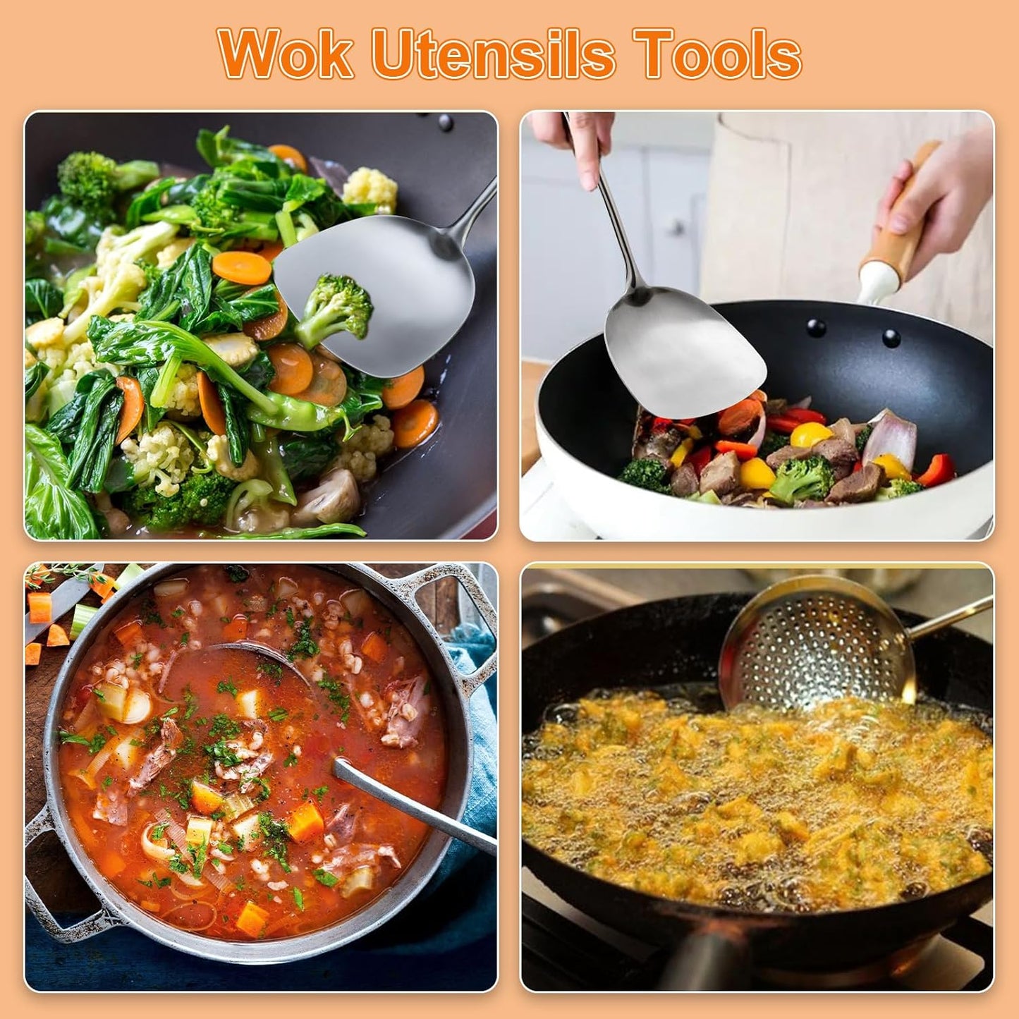 FJNATINH Wok Spatula and Ladle,Skimmer Ladle Tool Set, 17inches Spatula for Wok, 304 Stainless Steel Cooking Utensils