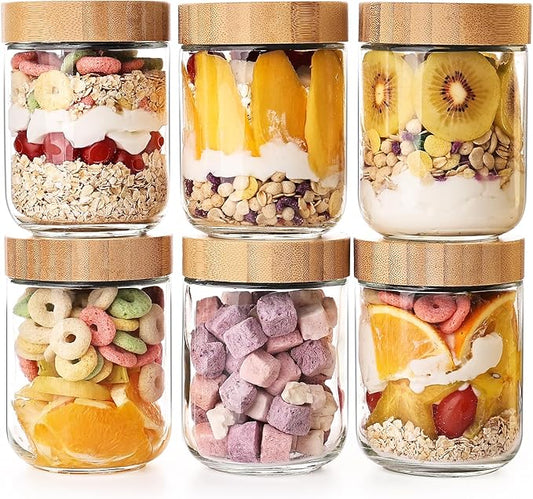 YUNCANG Glass jars with Airtight Lids, 16oz Overnight Oats Containers with Bamboo Lids, 6 Pack Wide mouth Mason Salad jars, Glass Food Storage Containers for Spice Sugar Snacks Yogurt