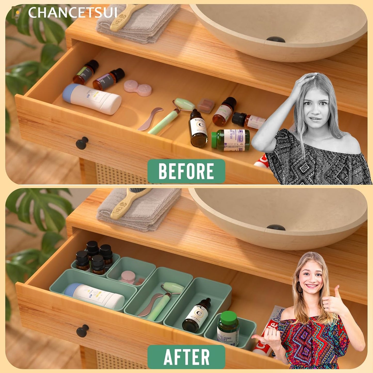 6 Pcs Stackable Drawer Organizer Set Desk Drawer Dividers, Bathroom Vanity Cosmetic Makeup Trays , Multipurpose Plastic Storage Bins for Jewelries, Kitchen Gadgets and Office Accessories, Green