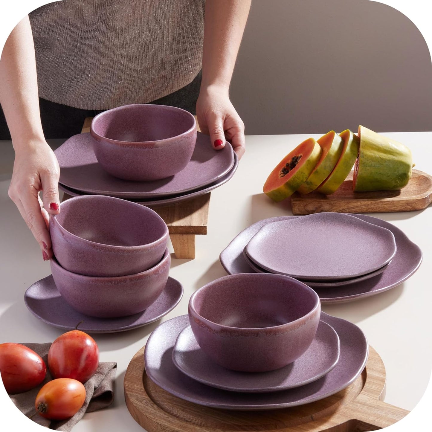 Corona Dinnerware Set 12–piece, Plates and Bowls Set, Ceramic Sets for 4, Microwave and Dishwasher Safe, Gulupa Reactive Glaze, Bold & Matte Set.