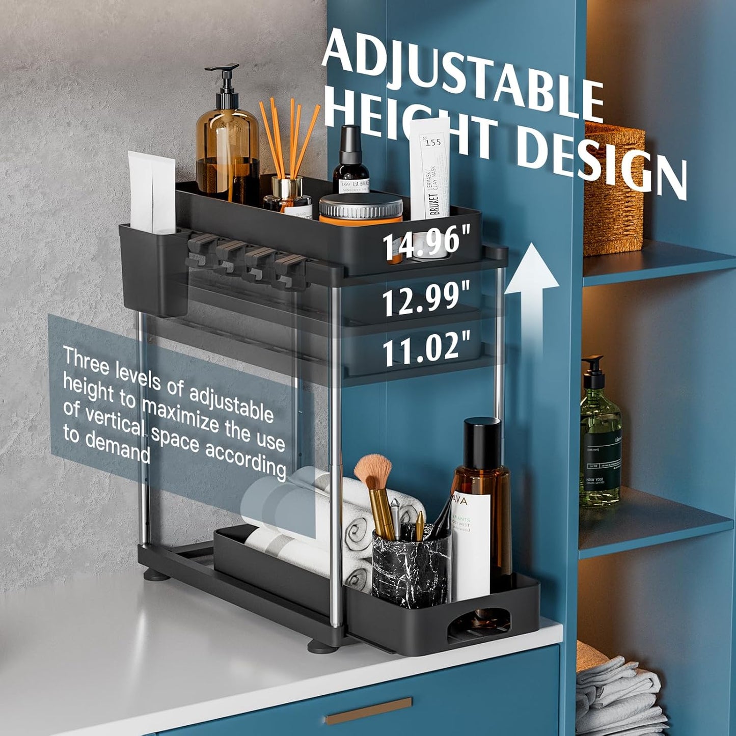 2 Pack Under Sink Organizer, 2 Tier Under Sink Organizers and Storage for Kitchen Bathroom, Height Adjustable Cabinet Organizer with Two Slide-Out Drawers,Black