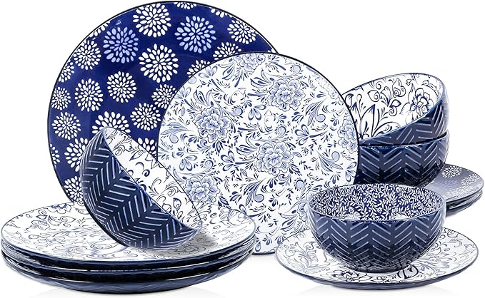 Selamica Embossed Dinnerware Sets 12 Piece, Ceramic Dishes set for 4, Kitchen Plates and Bowls Sets, Microwave & Dishwasher Safe, Housewarming, Dark Blue