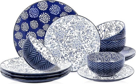 Selamica Embossed Dinnerware Sets 12 Piece, Ceramic Dishes set for 4, Kitchen Plates and Bowls Sets, Microwave & Dishwasher Safe, Housewarming, Dark Blue