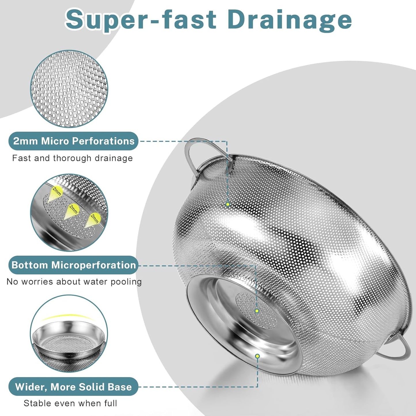 Pleafind 18/8 Stainless Steel Colander for Kitchen - 5 qt and 3 qt, Micro-Perforated Metal Colander Strainer with Handle, Solid Base Pasta Strainer, Rust-Resistant & Dishwasher Safe