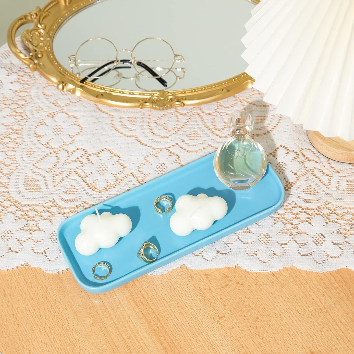 Ceramic Bathroom Tray,Kitchen Sink Organizer Tray,Cosmetics Holder (Blue)