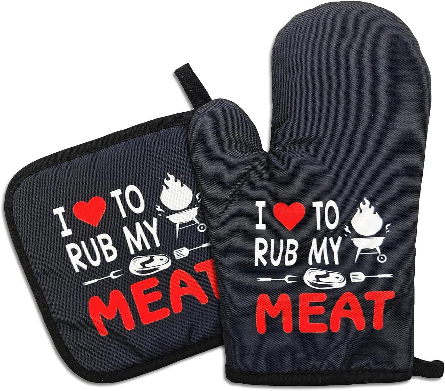 Funny BBQ Kitchen Mitts and Pot Holders（Set of 2） I Love to Rub My Meat Heat Resistant Mitts Funny Silicone Non-Slip Oven Mitts Kitchen Gift for Chef Grilling Master BBQ Lover Friend Family