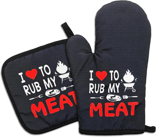 Funny BBQ Kitchen Mitts and Pot Holders（Set of 2） I Love to Rub My Meat Heat Resistant Mitts Funny Silicone Non-Slip Oven Mitts Kitchen Gift for Chef Grilling Master BBQ Lover Friend Family