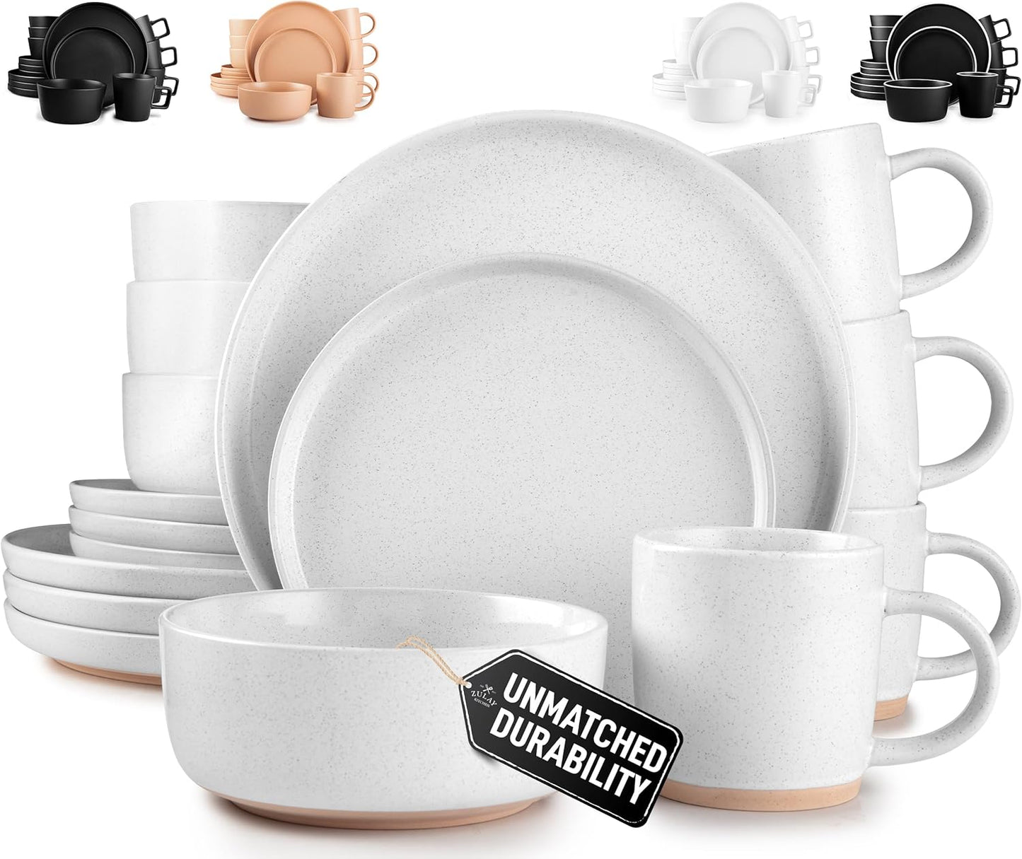 Zulay Kitchen Terra Stoneware Dinnerware Set, Artisanal Ceramic Plates and Bowls Set Crafted at 2300℉ - Service for 4, Speckled White