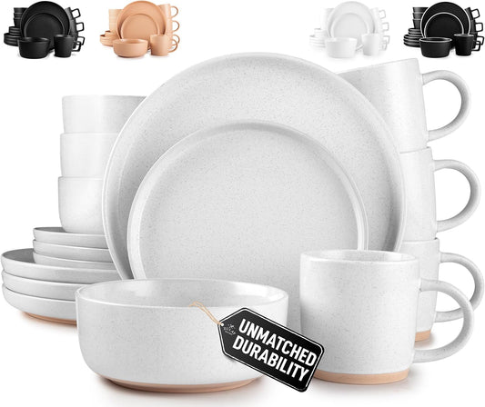 Zulay Kitchen Terra Stoneware Dinnerware Set, Artisanal Ceramic Plates and Bowls Set Crafted at 2300℉ - Service for 4, Speckled White