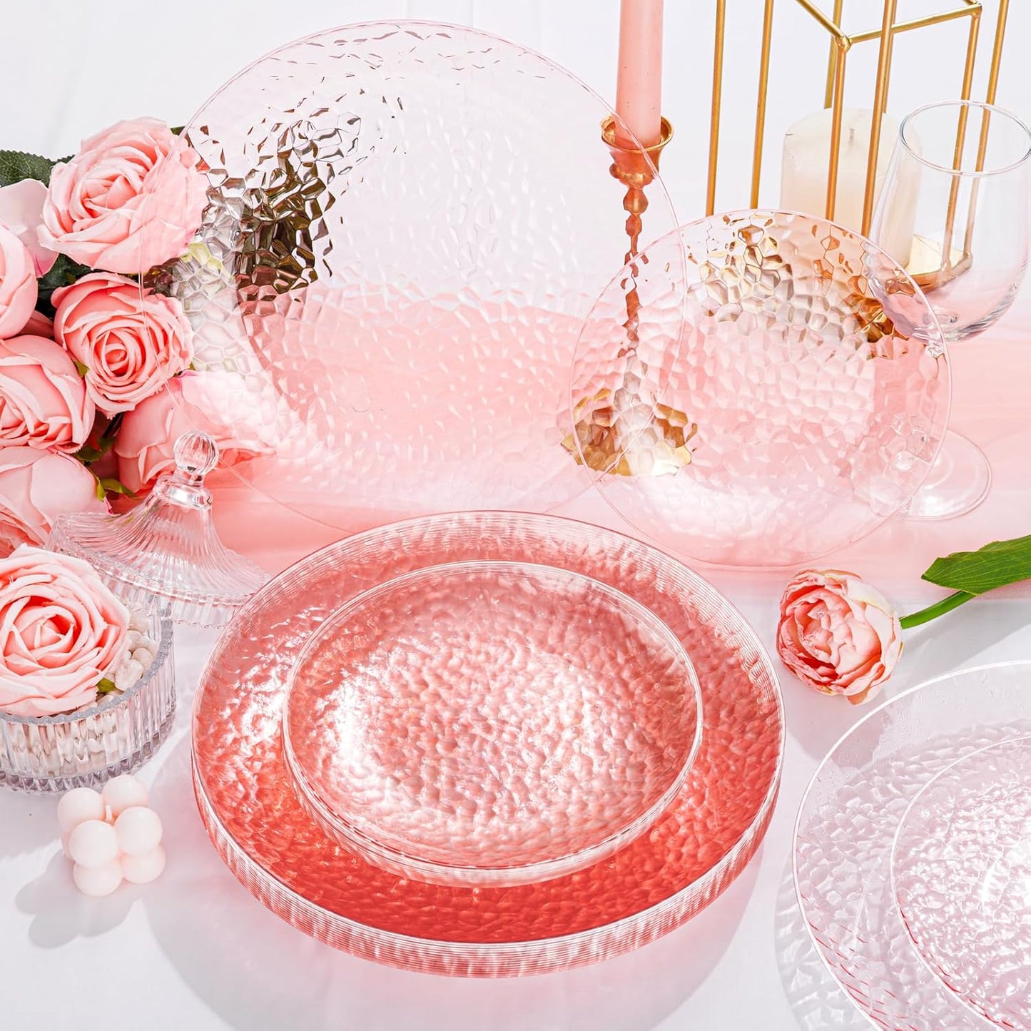 Rubtlamp 100 Pcs Clear Pink Plastic Plates Dinnerware Set, Hammered Plastic Pink Plates Set,Clear Disposable Party plates Include 50 Dinner Platos,50 Dessert Platos